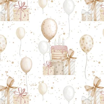 Watercolor seamless Pattern with Gift boxes, Birthday cake and Balloons in soft pastel beige tones. Illustration of party background for wrapping paper or holiday decoration, Background for banner.