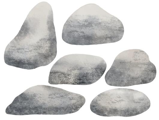 Watercolor set of various natural Stones in soft pastel gray tones. Illustration of Pebbles for underwater landscapes and beach themes. Clipart with Rock on isolated background.