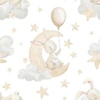 Watercolor seamless pattern of a Bunny sitting on the moon with a balloon and stars. Illustration of background with cute Rabbit and crescent for nursery wallpaper with animals or childish bed linen. vector