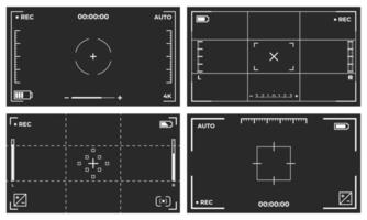 Set of four camera viewfinder screen layouts showing REC indicators, battery status, focus points, and grid lines vector