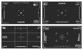 Set of four camera viewfinder screen interfaces showing recording status, battery level, focus points, and grid overlays vector