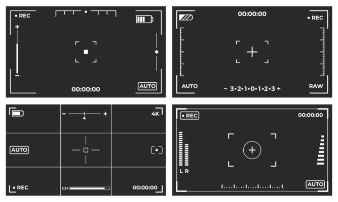 Set of four camera viewfinder screen interfaces showing recording status, battery level, focus points, and grid overlays