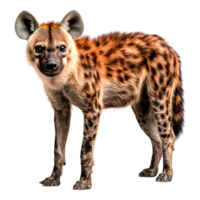 Realistic portrait of a hyena with striking fur patterns and curious expression png