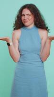 Woman raising hands in indignant expression ask why what reason of failure demonstrating disbelief video