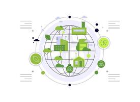 Alternative energy sources and eco friendly living. Ecosystem. Globe with infrastructure objects vector