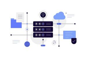 Server working. Flowchart with data, wireless connections. Cloud, files and storage. Internet. Security vector