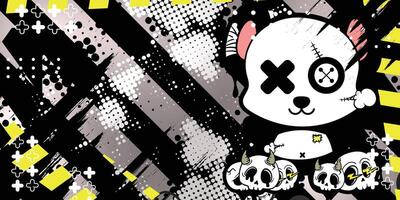 Graffiti abstract background with panda doll and cartoon skull objects vector