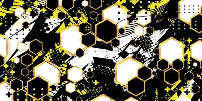 Black, yellow and white abstract pattern design with gold color hexagon pattern, racing background vector