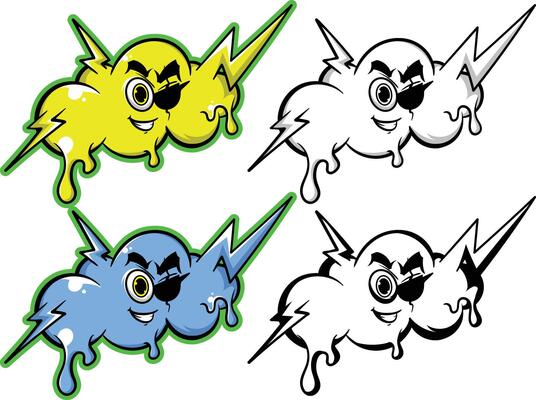 four cartoon clouds with different colors and faces