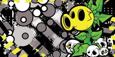 Graffiti abstract background with plant monster objects and cartoon skulls, racing background vector