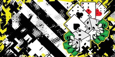 Graffiti abstract background with dice objects, playing cards and a cartoon monster claw vector