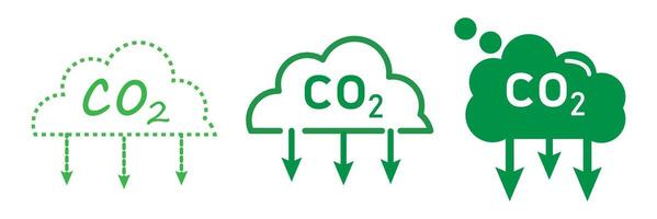 Co2 emission cloud icon collections with pointing down arrows. Carbon emissions reduction icon set. vector