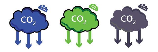 CO2 Reduction Line and Silhouette Icon Set. Carbon Emissions Reduction Icon with Arrows. Reduction Greenhouse CO2 with Cloud Emission Pictogram. Editable Stroke. vector
