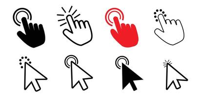Computer Mouse Click Cursor Set. Hand and Arrow Pointer Pictogram on White Background. Black Finger Web Click Pointer and Arrow Line and Silhouette Icon. vector