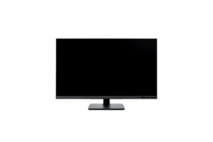 Standard black computer monitor with blank dark screen displayed front view isolated png