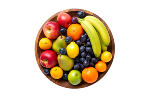 A wooden bowl overflowing with a vibrant assortment of fresh fruits including apples bananas grapes oranges png