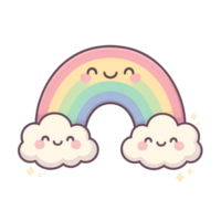 Smiling Rainbow with Fluffy Clouds and Sparkling Stars Kawaii, Transparent Background png