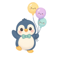 Adorable Kawaii Penguin Character with Colorful Balloons and Bow Tie, Transparent Background png