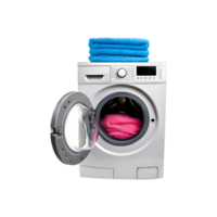 Washing machine with open lid and folded towel on transparent background png