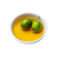 White bowl of olive oil with fresh olive fruit in it on transparent background png