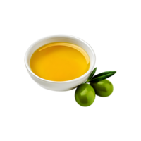 White bowl of olive oil with fresh olive on transparent background png
