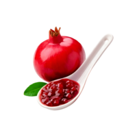 White spoon of pomegranate jam with leaf on transparent background png