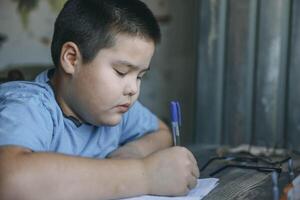 asian boy think deeply, homework near vintage paneling, mouth slightly open in concentration, tutoring, parenting blog, educational service photo