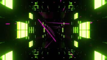 Pink and Light Green Cyber Tunnel with Glowing Neon Lines and Squares Background VJ Loop in 4K video