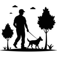 Man Walking Dog in Park with Trees vector