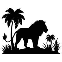 Lion Silhouette Standing with Palm Trees and Tropical Grass vector