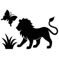 Lion Silhouette with Butterfly and Grass Elements vector