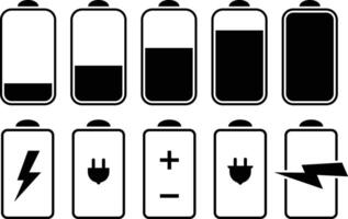 Battery and power icon set. powerfully charged. charge indicator. Energy power accumulator. UI design elements vector