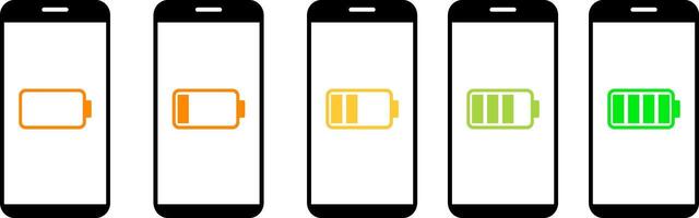 Smartphone with battery charge level icon set. UI design battery elements. Full low and empty status. Battery charging progress interface element vector