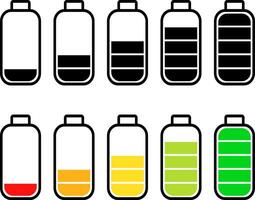 battery charge levels icon. low to full level status indicator with charging. Energy power accumulator. UI design battery elements vector