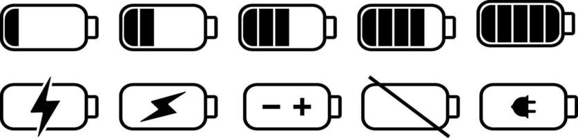 Battery icons set. Battery charge level indicators icon. Discharged and fully charged. level energy. Energy power accumulator vector