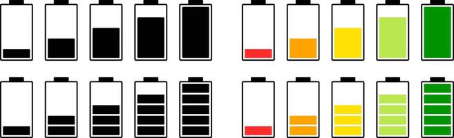 Battery icons set. Battery charge level indicators icon. Discharged and fully charged. level energy. power accumulator vector