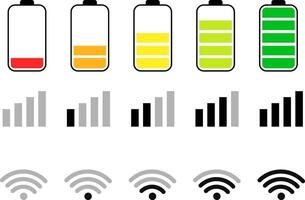 Mobile phone signal. Wifi battery icon. Status bar symbol. Battery indicator symbols. Energy power accumulator. Mobile Data Notification vector