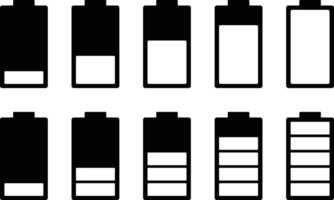 Battery icons set. Battery charge level indicators icon. Discharged and fully charged. levels energy. power accumulator vector