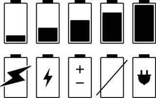 Battery and power icon set. powerfully charged. charge indicator. Energy power accumulator. UI design battery element vector