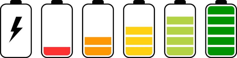battery charge level icon. low to full level status indicator with charging. Energy power accumulator. UI design battery elements vector