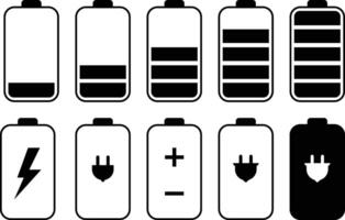 Battery and power icon set. powerfully charged. charge indicator. Energy power accumulator. UI design battery elements vector