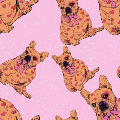 Hand drawn doodle line ink French bulldog with heart tattoo and pink bow illustration seamless pattern