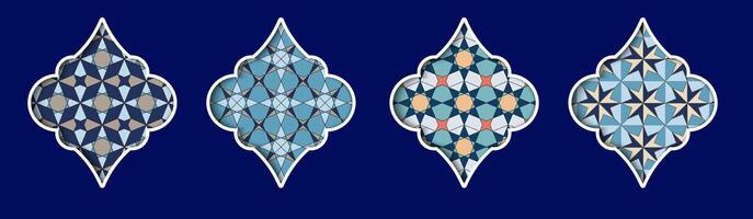 Islamic window design featuring intricate geometric patterns in varying shades of blue vector