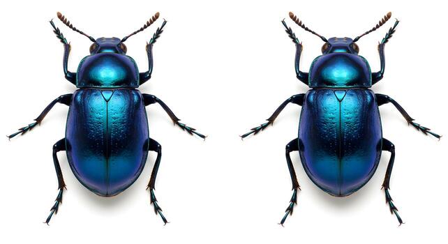 simétrico iridiscente escarabajos en un blanco lienzo, exhibiendo de la naturaleza cautivador colores foto