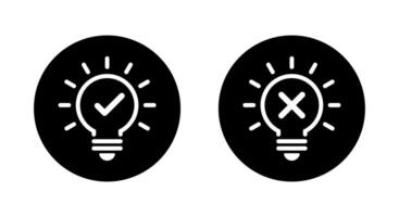 Light bulb check and cross mark icon on black circle. Business lamp with checkmark and x sign symbol vector