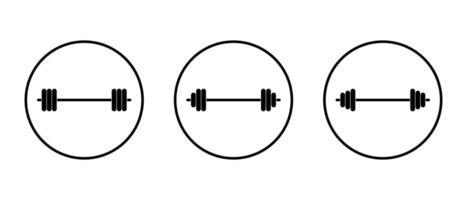 Gym barbell icon set on circle line. Fitness and workout sign symbols for apps and branding vector