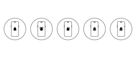 Alarm bell on smartphone icon set collection on circle line. Phone notification sign symbol vector