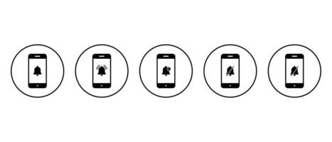 Notification bell on mobile phone icon set collection on circle line. Smartphone alarm sign symbol vector