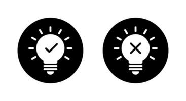 Light bulb with checkmark and cross mark icon on black circle. Creativity and stagnation sign symbol vector