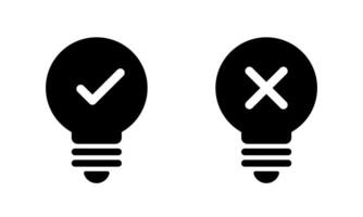 Light bulb with check and cross mark icon isolated on white background. Creativity and stagnation sign symbol vector